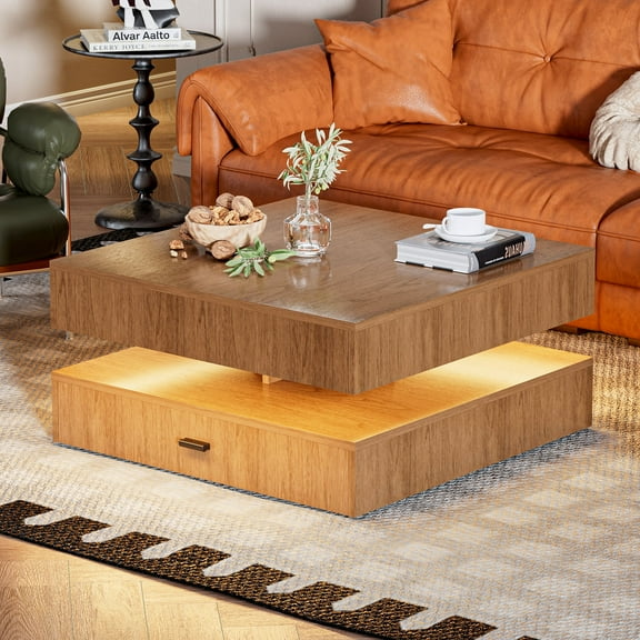 LED Coffee Table with Storage, Modern and Stylish Double Square Medium Table, 30.7 Inch Center Table for Living Room, Office, Walnut Color