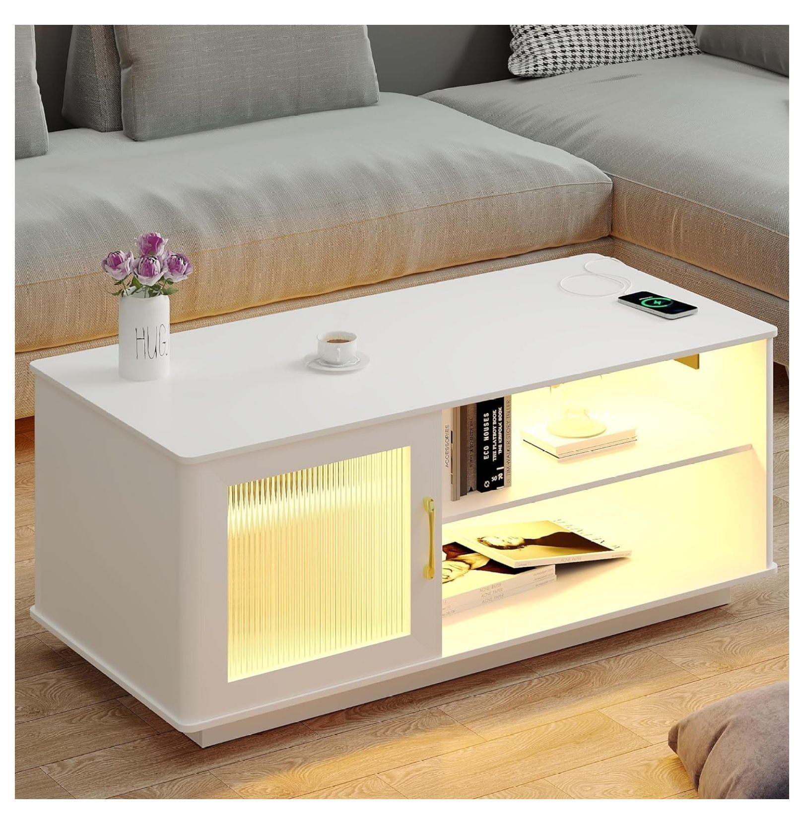 Center Table Light LED Coffee Tables for Living Room: Center Table with Storage & Charging ...