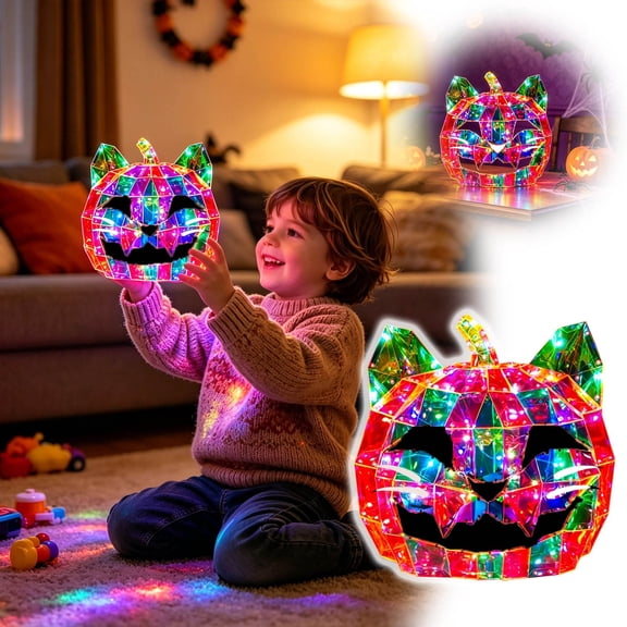 LED Color Changing Cat Pumpkin Night Light Halloween Decor Orange 1pc