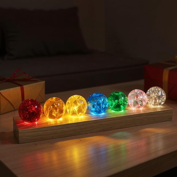 LED Color Changing Glass Ball, 40mm Cracked Ice Effect with Wooden Base, 7 Colors Night Light for Home Living Room Decor