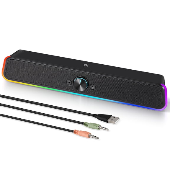 Computer Speakers with Clear Sound, USB Plug & Play PC HiFi Speakers Sound Bar with Dynamic LED Light, 3.5mm Cable Stereo Sound Gaming Speaker for PC Desktop Monitor Laptop, One-knob Control