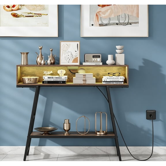 LED Console Table with Charging Station, 40 Long Narrow Entryway Table with Storage, Lights, Outlet & Remote, 3-Tier Behind Couch Sofa Table for Living Room, Hallway, Rustic Brown & Black