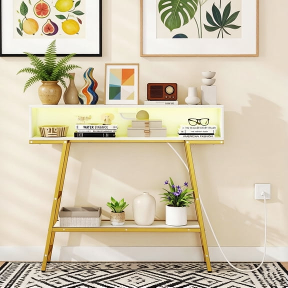 LED Console Table with Charging Station, 40 Long Narrow Entryway Table with Storage, Lights, Outlet & Remote, 3-Tier Behind Couch Sofa Table for Living Room, Hallway, White & Gold
