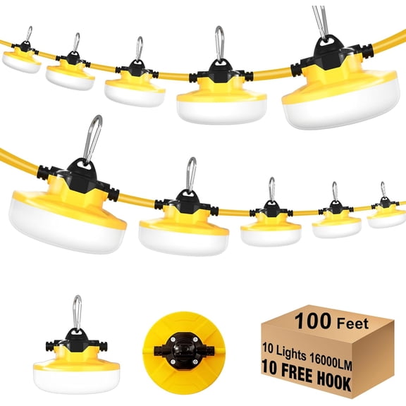 LED Construction String Light 100FT, 130W 16000Lm Industrial Work Lights with 10 Bulbs, Linkable 5000K Super Bright Temporary Lighting for Site, Job Site