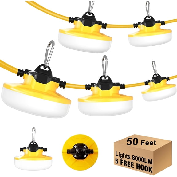 LED Construction String Light 50FT, 65W 8000Lm Industrial LED String Work Lights with 5 Bulbs, 5000K Linkable Work Lights Temporary Lighting for Construction Site, Job Site, Attic, Crawl Space