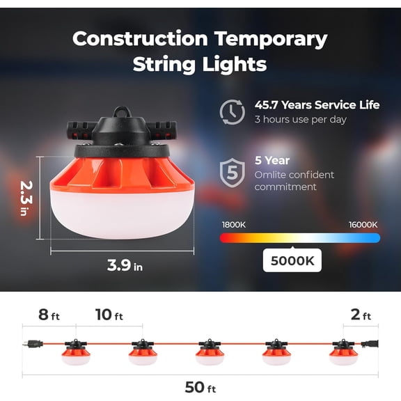 LED Construction String Lights: 50w ETL Certified Industrial LED String Work Lights, IP65 Waterproof 18AWG Wire 5000K Super Bright for Attic Jobsite Garage Mine cave, with Hanging Hooks
