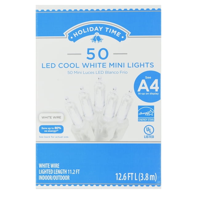 LED Cool White Mini Lights with White Wire, Indoor/Outdoor Use, 12.6 ft