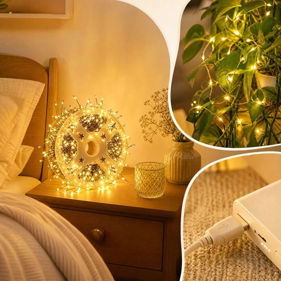LED Copper Firecracker String Lights USB Powered with Remote Control, 8 Lighting Modes for Christmas Tree and Indoor Holiday Party Decor, Warm White & Multicolor Options