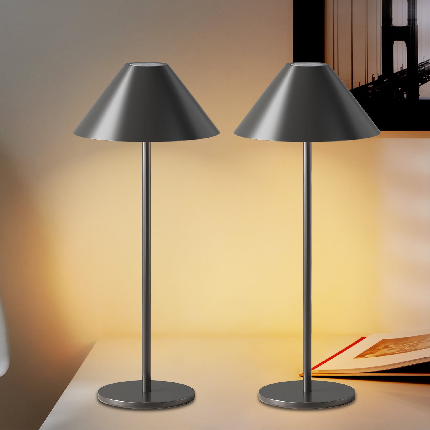 LED Cordless Dimmable Table Lamp, Long Lasting 4000mAh Rechargeable Battery Operated, 240LM, Black， Pack of 2.