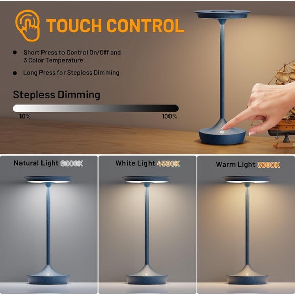 LED Cordless Table Lamps Rechargeable - Outdoor Battery Operated Portable Table Light 3 Color Stepless Dimming Tables Lamp with Memory Function for  Restaurant Dining 2 Pack Blue