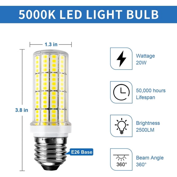 LED Corn Light Bulb 200w Equivalent 2500 Lumen 5000K Cool Daylight White 20W E26/E27 Base Ceiling Fan Led Light Bulb for Home Garage Warehouse Indoor Outdoor Led Corn Bulb Pack of 4