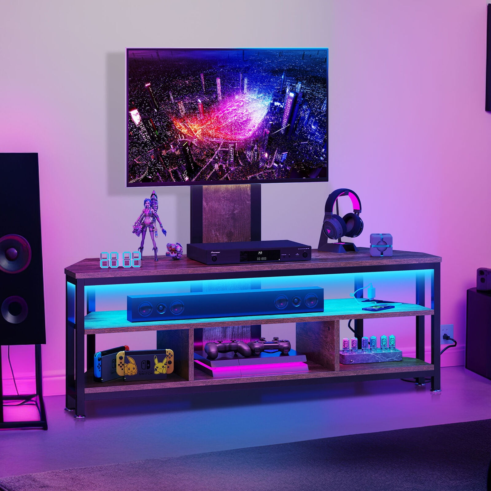 LED Corner Floor TV Stand with Mount & Power Outlets for 32/45/55/60/65