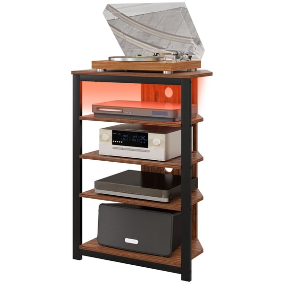 LED Corner TV Stand with RGB Light, 4-Tier Storage Shelves, Steel Frame Entertainment Center, Brown