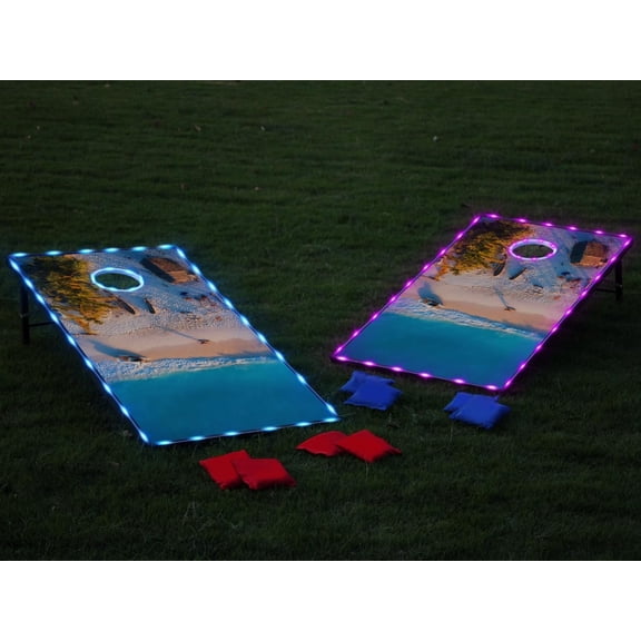 LED Cornhole Board Set, 4'x2'/3'x2' Regulation Size Cornhole Boards Games Set, Corn Holes Outdoor Game, Corn Hole Game Set w/ 2 Boards, 8 Beans Bags for Backyard, Beach, Lawn