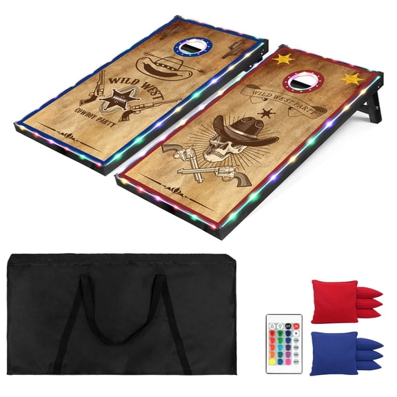 LED Cornhole Set, Regulation Size Cornhole Boards Game with 2 Boards & 8 Bean Bags, Outdoor Lawn Game for Backyard, Beach & Lawn (4'x2' Wild West)