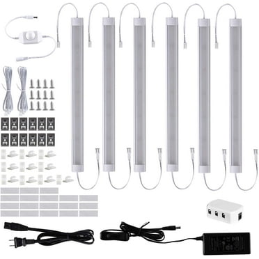 LED Under Counter Light Fixtures, 6pcs Hardwired Dimmable Cabinet Strip Lights Kit, 12 inches 24V Plug in Linkable Cupboard Lighting for Kitchen, Closet, Showcase, Bar, Shelf Lighting(Day White,6000K)