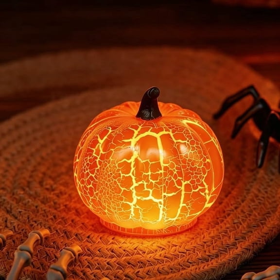 LED Crackle Pumpkin Light Table Lamp, Vintage Halloween Fall Night Light Decor, Cute Glowing Desk Figurine For Thanksgiving Party Indoor Home （A）