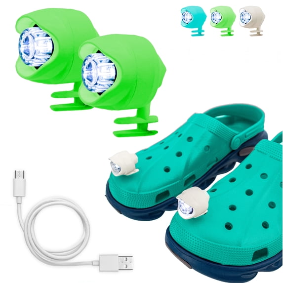 LED Croc Shoe Lights - 3 LED Modes, USB Rechargeable, Waterproof, Clip On Light - Shoe Headlights For Night Walking, Running & Cycling 2pc - (Green)