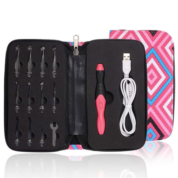 LED Crochet Hooks 11 Size Interchangeable Heads 2.5mm to 8.0mm with Ergonomic Grip Handles,USB Rechargeable LED Lighted Crochet Hooks Complete Set for Arthritic Hands (Pink)