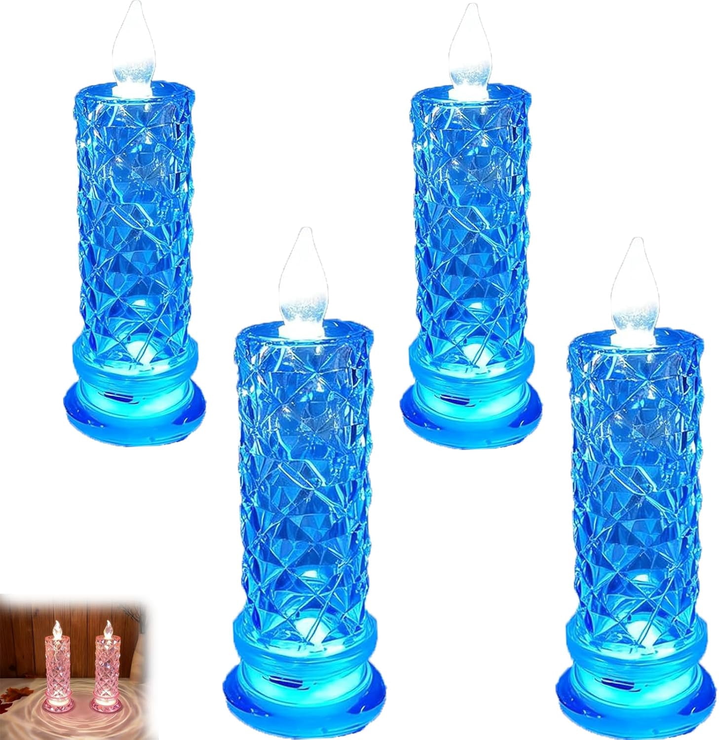 LED Crystal Candle Lights – Set Of 4 Battery-Operated Flameless Candles With Rose Shadow Effect