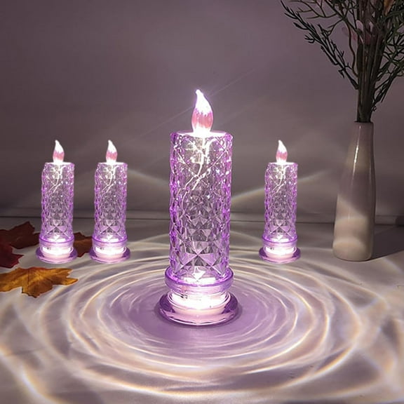 LED Crystal Candle Lights, LED Flameless Candles Rose Shadow, Battery Operated Candles for Valentines, Anniversary, Wedding, and Christmas Decorations (Purple Rose, 4)