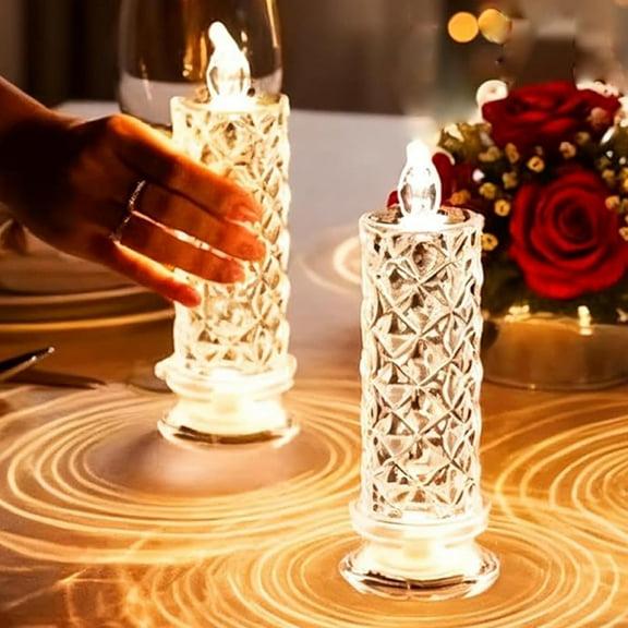 LED Crystal Candle Lights; Rose Shadow LED Flameless Candles, Candles Battery Operated for Valentines, Anniversary, Wedding, and Christmas Decorations (White Rose, 2)