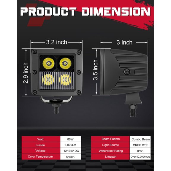 LED Cubes, 3 Inch 80W CREE LED Pods Offroad Driving Lights Ditch Fog Backup Reverse Light for for Trucks UTV SUV ATV Motorcycle Pickup Boat - 2Pcs Combo Beam