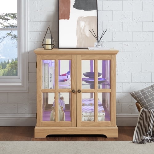 LED Curio Display Cabinet with Adjustable Shelves, Elegant Bookcase and Storage Cabinet for Home Decor and Organization ,OAK