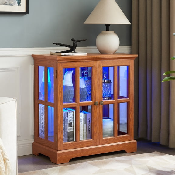 LED Curio Display Cabinet,Antique Display Cabinet with Adjustable Shelves,Retro Design Quality Showcase with Lattice Doors Elegant Bookcase and Storage Cabinet for Home Decor and Organization