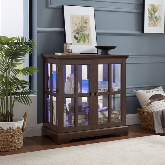 LED Curio Display Cabinet,Antique Display Cabinet with Adjustable Shelves,Retro Design Quality Showcase with Lattice Doors Elegant Bookcase and Storage Cabinet for Home Decor and Organization CHE