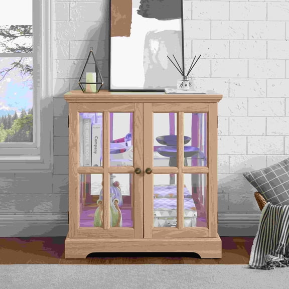 LED Curio Display Cabinet – Retro Oak Design with Adjustable Shelves & Lattice Doors, Versatile Home Decor Storage & Showcase (Elegant Bookcase Option)