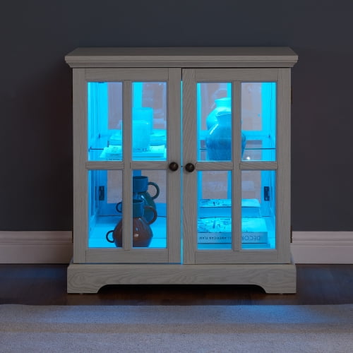 LED Curio Display Cabinet – Retro Oak Design with Adjustable Shelves & Lattice Doors, Versatile Home Decor Storage & Showcase (Elegant Bookcase Option)