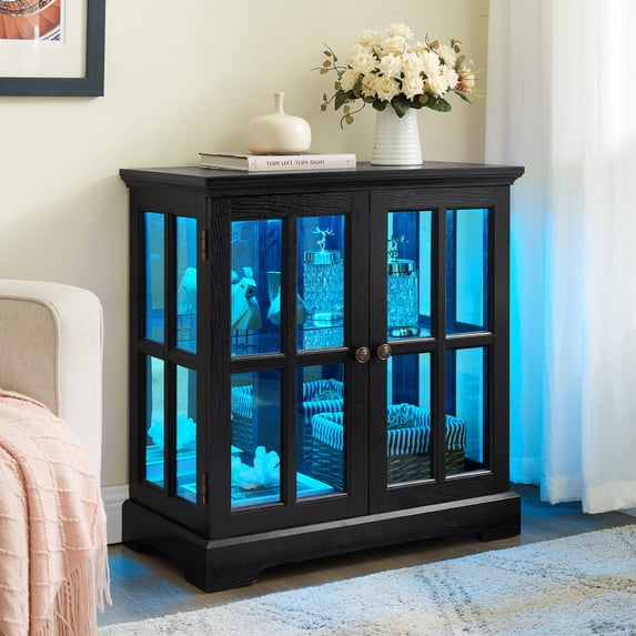 LED Curio Display Cabinet with Adjustable Glass Shelves, Retro Antique Design Glass Door Bookcase for Home Decor and Collectibles Storage, Black