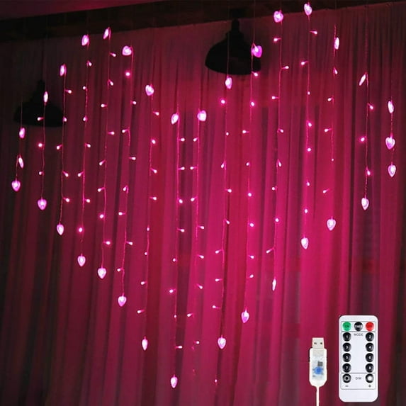 LED Curtain Lights,Window Heart Curtain String Lights 34Hearts 128LED 8 Modes USB Waterproof Fairy Lights with Remote Control for Christmas Garden Bedroom Wedding Decoration
