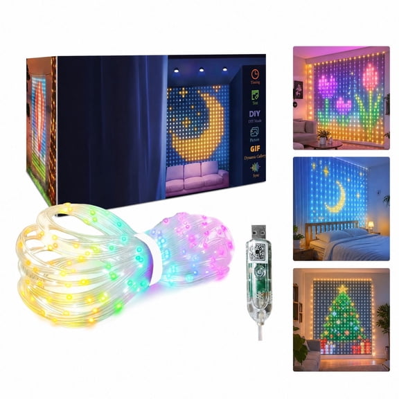 LED Curtain String Lights 1.6x1.6m Smart App Control RGB Color Changing USB Powered Indoor Decoration Fairy Light for Party DIY Atmosphere Lighting Strip with Bluetooth Point Control Feature