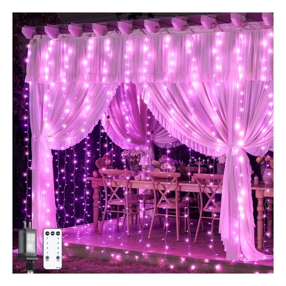 LED Curtain String Lights, Plug-in Fairy Lights for Bedroom, Christmas, Window, Wall, Party, ' Room, Dorm, Valentine's Day, Indoor Outdoor Decor, 9.8X9.8ft, 300 LEDs, Pink