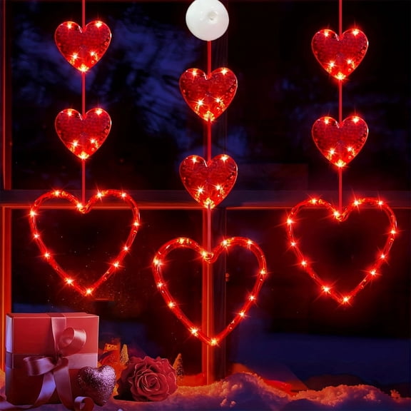 LED Curtain String Lights Red Heart-Shaped – Suction Cup Hanging Decoration • Battery Operated • Indoor/Outdoor • Romantic Wedding Anniversary Party Decor • 3-Pack • 20x20cm • Energy Efficient
