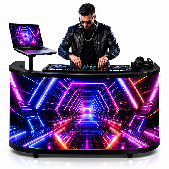 LED Curved DJ Booth, P2.5 GOB Indoor LED Digital Display Screen DJ Booth Table with Wheels, Portable LED Video Display Screen DJ Booth Facade with wheels, 170 Wide Viewing Angle