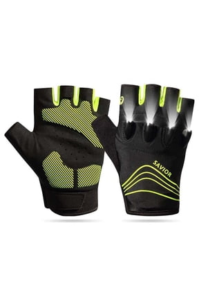 LED Cycling Gloves Half Finger, Savior Summer Mountain Bike Gloves, Rechargeable Battery 3 Modes High Brightness Double Switch Flashlight Gloves for Night Running Riding Exercising,Working