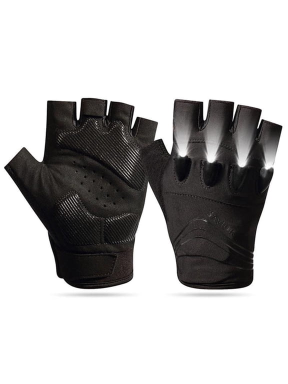 LED Cycling Gloves Half Finger, Savior Summer Mountain Bike Gloves, Rechargeable Battery 3 Modes High Brightness Double Switch Flashlight Gloves for Night Running Riding Exercising,Working