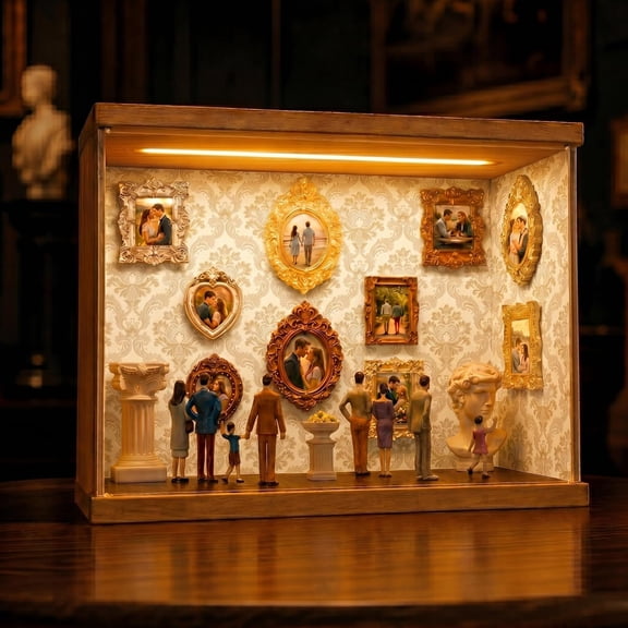 LED DIY Mini Museum Silhouette Box,  Includes 12 Mini Photo Frames & 10 Miniature Figurines  Personalized 3D Memory Display with Lights, Ideal for 50th Wedding Anniversary or Engagement Gift