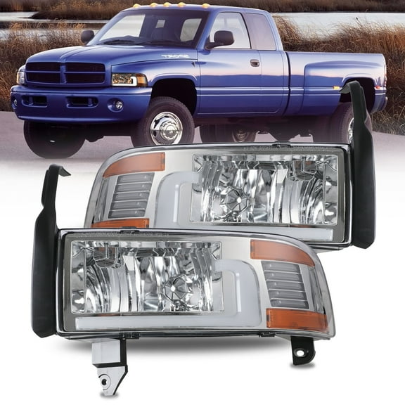 LED DRL Headlights for 1994-2001 Dodge Ram 1500/1994-2002 Dodge Ram 2500 3500/1995-2002 Dodge Ram 4000 Headlamps Left & Right-Chrome housing