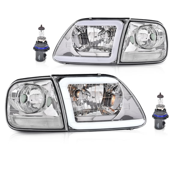 LED DRL Lightning Style Headlights & Corner Parking Lights Fit for 1997-2002 Ford Expedition/Fit 1998-2003 Ford F150/Fit 1997-1999 F250 Clear Lens Chrome Housing Clear Reflector