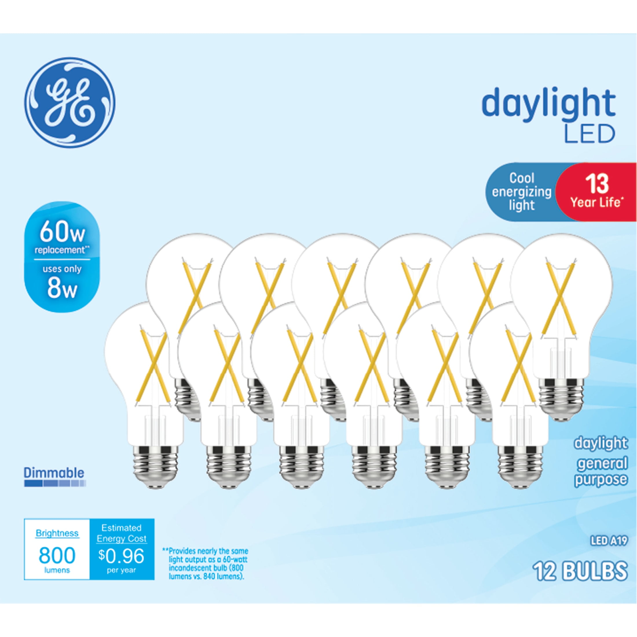 GE LED Light Bulbs, 60 Watt Replacement, Daylight, A19 General Purpose Bulbs, 12pk