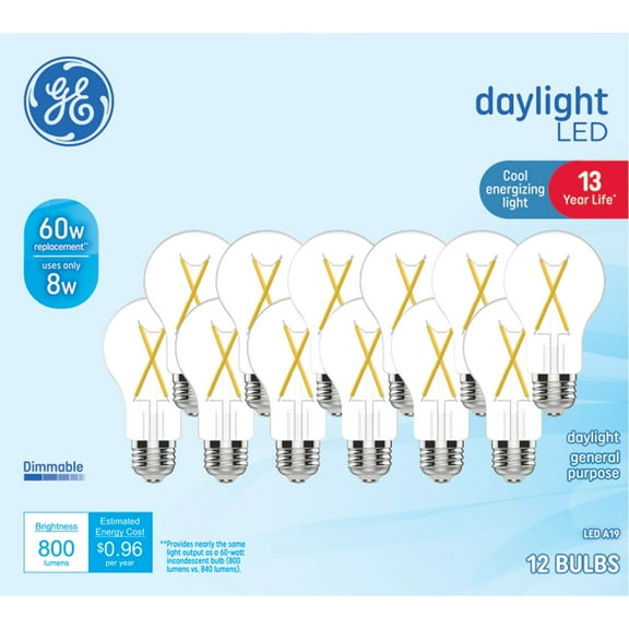 GE Classic LED Light Bulbs, 60 Watt Replacement, Daylight, A19 General Purpose Bulbs, 12pk