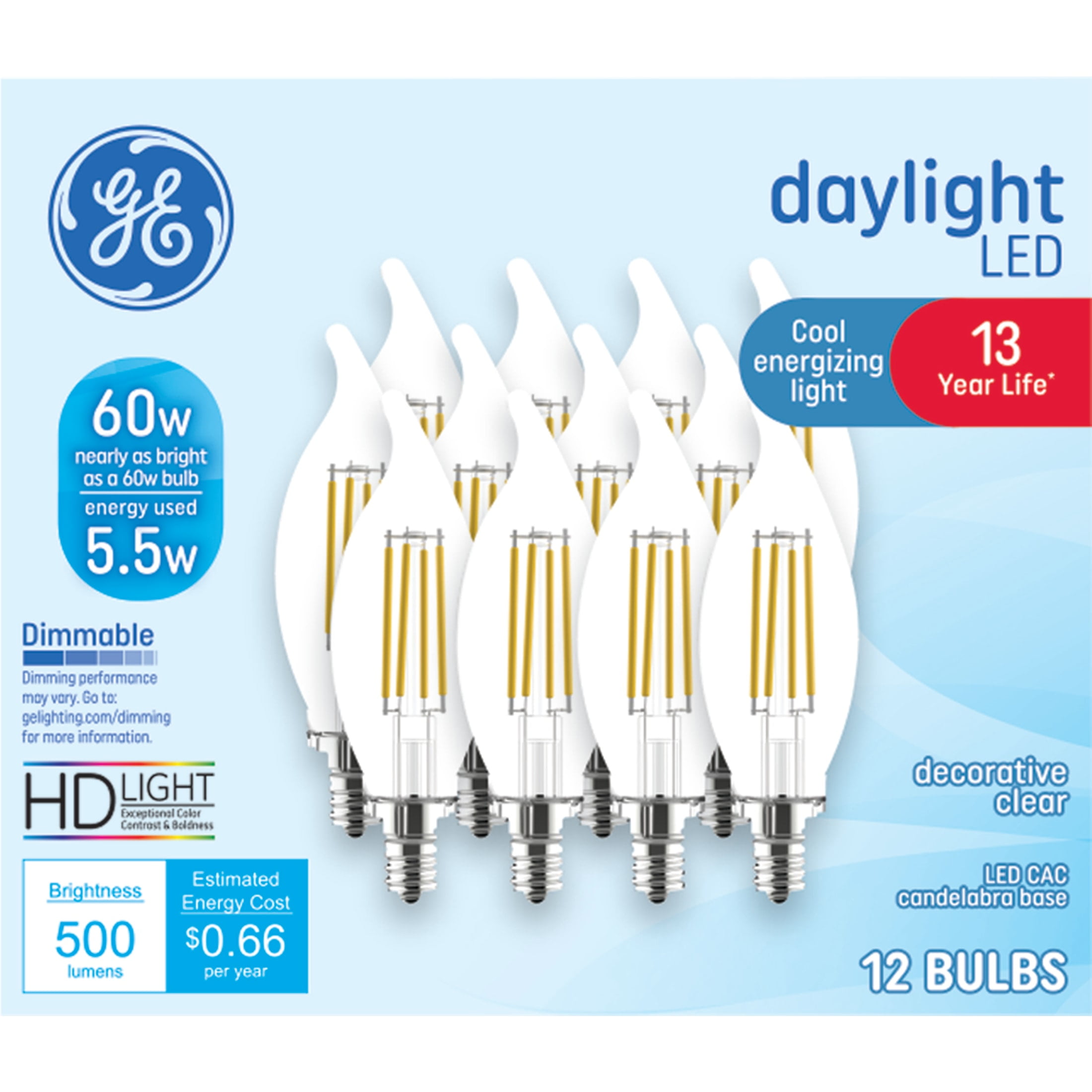 GE LED Light Bulbs, 60 Watt Replacement, Daylight, CA11 Decorative Candle Bulbs, 12pk