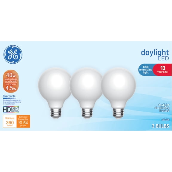 GE LED Light Bulbs, 40 Watt Replacement, Daylight, G25 Vanity Globe Bulbs, 3pk