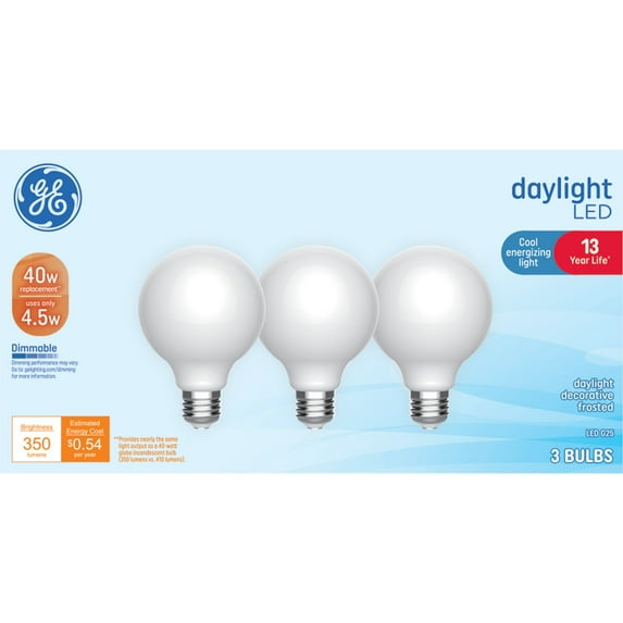 GE LED Light Bulbs, 40 Watt Replacement, Daylight, G25 Vanity Globe Bulbs, 3pk