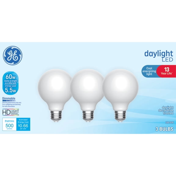GE LED Light Bulbs, 60 Watt Replacement, Daylight, G25 Vanity Globe Bulbs, 3pk