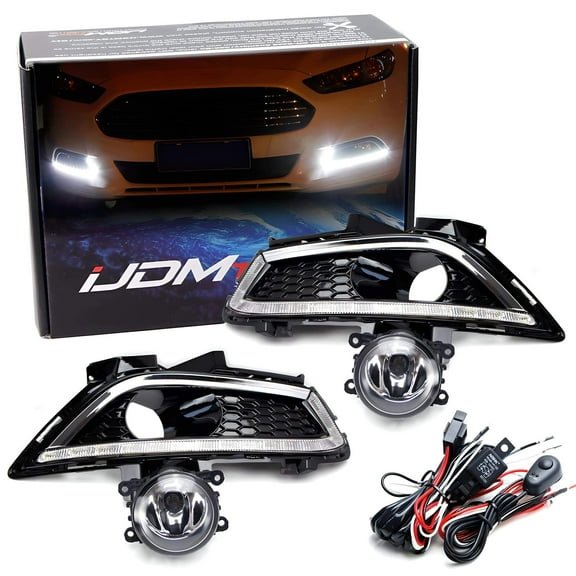 LED Daytime Running Light & Halogen Fog Lamp Kit For 2013-2016 Ford Fusion, Includes LED DRL Fog Bezels, Halogen Foglights & Switch Wiring Harness